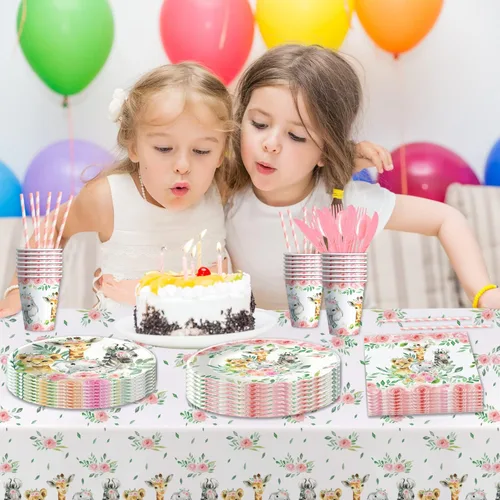 Miniatura 6 de Decoraciones de cumpleaños de safari para niña, suministros de fiesta temática de selva, plato, taza, servilleta, mantel, cubiertos, pajilla, safari