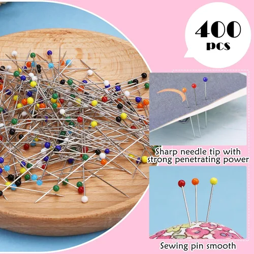 Miniatura 3 de 400 alfileres de costura, alfileres rectos de 1.5 pulgadas para tela, alfileres de cabeza de bola perlados multicolor con cojín de alfiler y otros