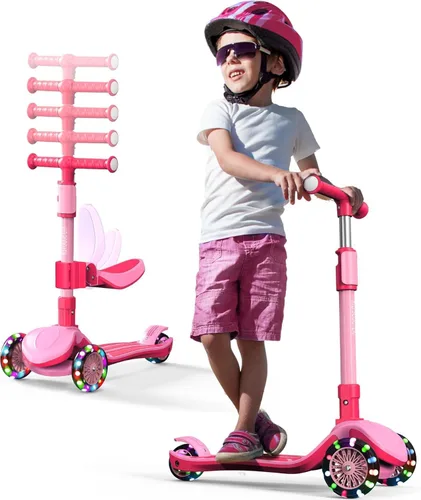Patinete ajustable 2 en 1 para niños de 3 a 5 años (adecuado de 3 a 12 años), manillar de 5 niveles y asiento extraíble, ruedas con luces LED, Rosa