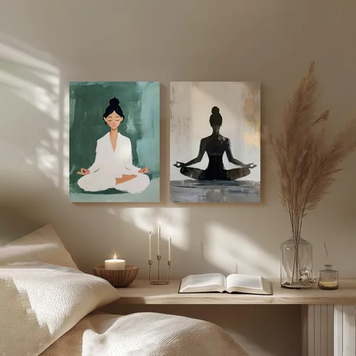 Miniatura 6 de GELDSTEI Arte de pared zen enmarcado, pintura moderna en lienzo de chica haciendo yoga, decoración de pared de meditación tranquila, imagen estética