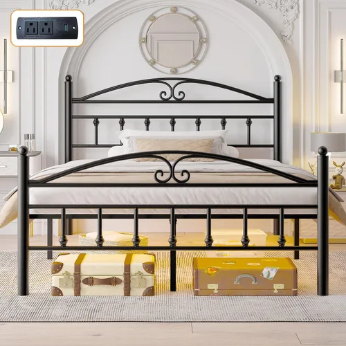Miniatura 10 de Marcos de Cama Tamaño Twin con Estación de Carga, Marco de Cama de Plataforma de Metal Negro con Luces LED, Soporte de Listones de Acero Metal