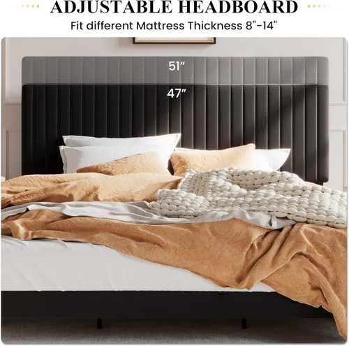 Miniatura 5 de SHA CERLIN Base de cama tapizada King con cabecera ajustable, tela de terciopelo capitoné de canal vertical, soporte de listones de madera, base