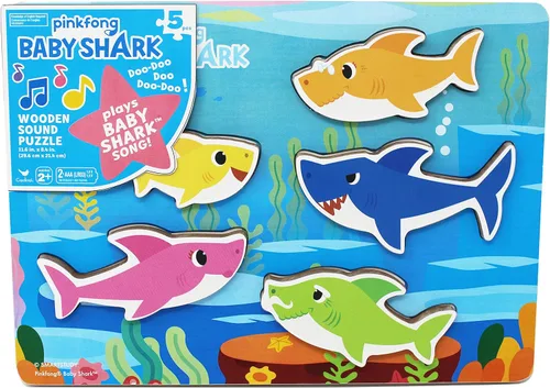 Spin Master Games, Pinkfong Baby Shark - Rompecabezas musical con sonido de madera, reproduce canciones virales, 5 piezas, juguetes para niños