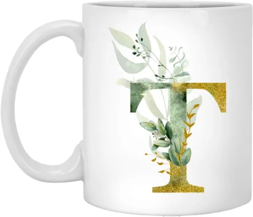 Alpha/T - Taza de café con letra T y letras del alfabeto, monograma T, color dorado, brillante, cualquier letra, diseño floral, taza de té, café y