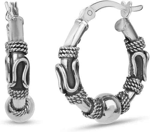 Miniatura 3 de LeCalla Aretes de aro balinesa oxidados de plata de ley 925, pequeños aretes de aro con cuentas de Bali antiguos para mujer