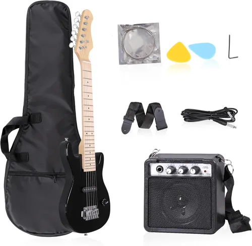 Guitarra eléctrica de 30 pulgadas para niños, kits completos para principiantes con amplificador de 5 W, púas, bolso de concierto, correa, cable y