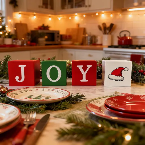 Miniatura 2 de 4 piezas de decoración de mesa de Navidad para interiores, bloques de madera, letreros rojos, verdes y blancos, centros de mesa de Navidad