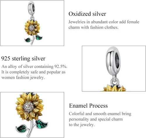 Miniatura 5 de Shysnow Pulseras de plata de ley 925 con dije de girasol, chapado en oro, circonita cúbica, con abalorios, brazalete, collar