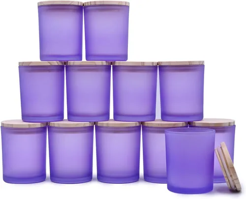 Miniatura 50 de SHOWIN Tarros de vela gruesos de 14 OZ para hacer velas 12 Piezas, tarros vacíos de 3 mechas con tapas de madera para hacer velas, recipiente