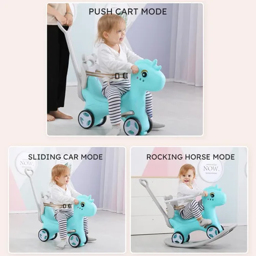 Miniatura 3 de Caballo mecedor 4 en 1 para niños pequeños de 1.5 a 3 años, juguetes de paseo en bicicleta de equilibrio con asa de empuje, respaldo de juguete Azul