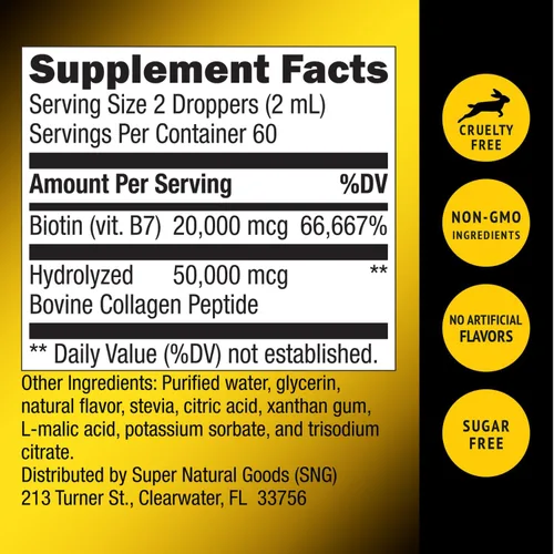 Miniatura 6 de Super Natural Goods Liquid Biotin & Collagen - Gotas de vitamina para el crecimiento del cabello de 70,000 mcg - Piel radiante, fuerte soporte