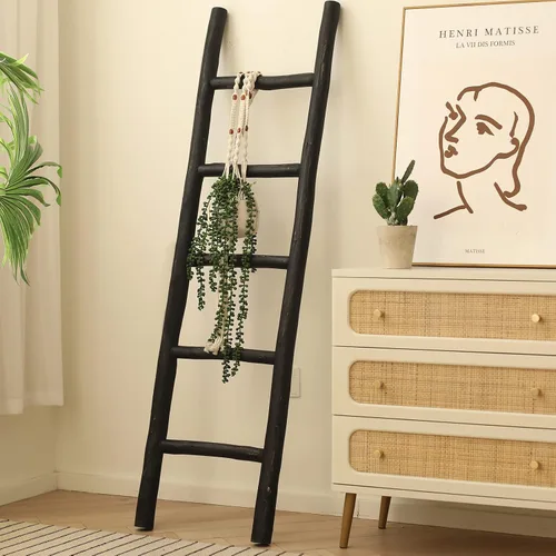Miniatura 7 de FUIN Escalera de madera de 57 pulgadas, totalmente montada, para sala de estar, soporte decorativo de pared inclinado de granja, soporte de Marrón