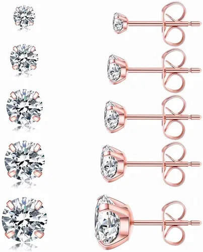 Juego de 5 pares de aretes tipo dormilón hipoalergénicos circonita cúbica 316L aretes de acero inoxidable con circonita cúbica de 3 a 0315in oro