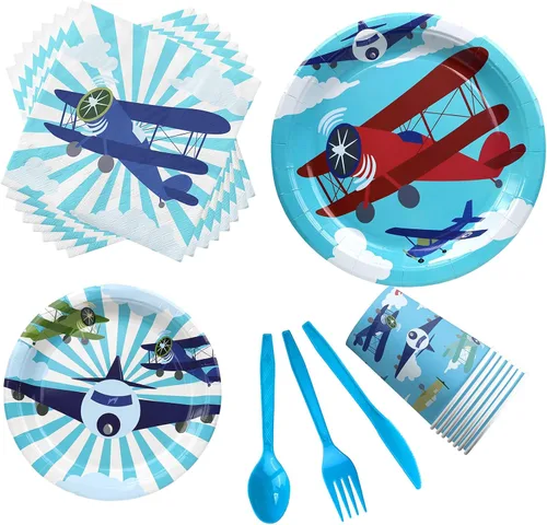 Miniatura 4 de Suministros de fiesta de cumpleaños de avión para 40 invitados, juego de platos de cumpleaños de avión y servilletas, decoraciones de fiesta