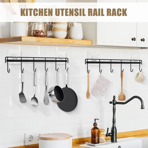 Miniatura 2 de Perchero de Utensilios de Cocina, Soporte de Utensilios Adhesivo de Pared con 12 Ganchos, Ahorro de Espacio y Sin Taladrar, Negro, 2 Piezas
