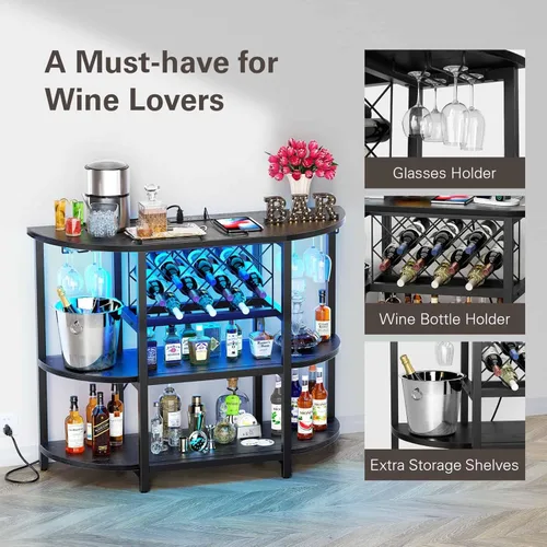 Miniatura 6 de Zarler Carrito de bar con toma de corriente fácil de montar, gabinete de bar LED para el hogar, para licor, 47.3 pulgadas de largo x 15.8 pulgadas