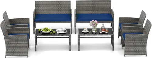 Miniatura 32 de HAPPYGRILL Juego de 4 muebles de mimbre para exteriores con mesa de centro de vidrio templado, cojines suaves, juego de sillas de ratán resistentes