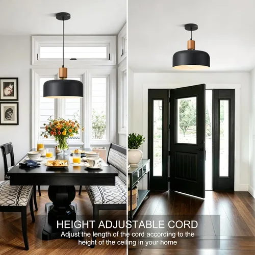 Miniatura 6 de Lámpara colgante moderna negra sobre isla de cocina, iluminación colgante industrial, lámpara colgante de techo de madera ajustable para comedor