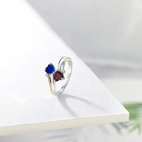 Miniatura 4 de Gem Stone King Anillo de plata de ley 925 y oro amarillo de 10 quilates, granate rodolita rojo zafiro y diamante cultivado en laboratorio para mujer