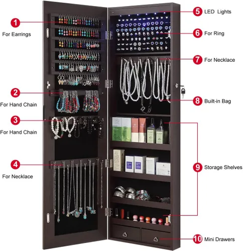 Miniatura 4 de GISSAR Armario de joyería con espejo de longitud completa, 6 luces LED, armario de joyería montado en la pared sobre la puerta, organizador de joyas