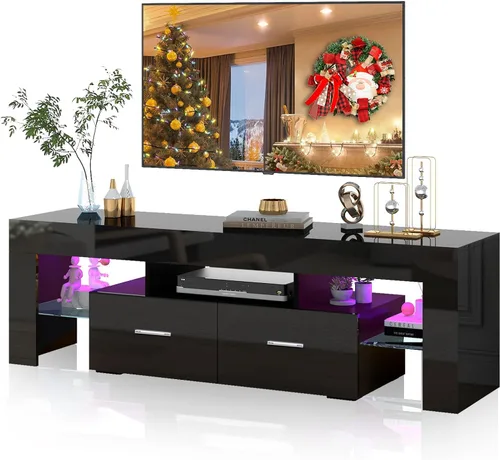 Miniatura 9 de HOUAGI Soporte de TV LED para televisores de hasta 65 pulgadas, moderno centro de entretenimiento con cajón de almacenamiento y estante de cristal