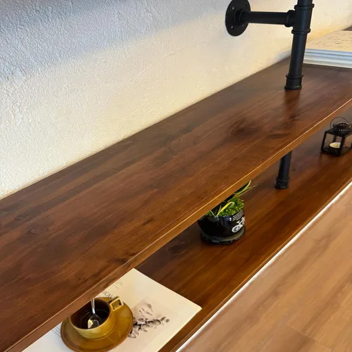 Miniatura 18 de Estantes de pared de tubería industrial con tablón de madera real, estantes flotantes de 48 pulgadas para pared, estantería de libros estilo granja
