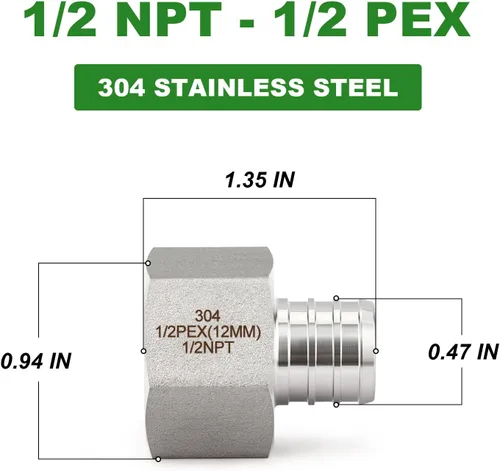 Miniatura 2 de TAISHER 2 accesorios Pex de acero inoxidable 304, 1/2 pulgada Pex x 1/2 pulgada NPT hembra, 1/2 pulgada Pex montaje con 2 abrazaderas de manguera