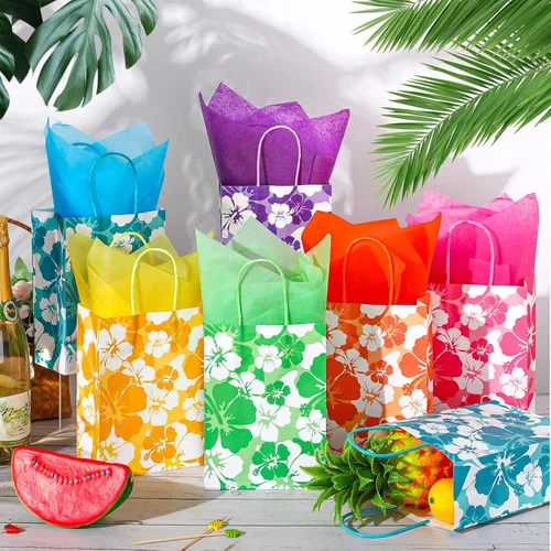 Miniatura 4 de Teling 12 Set Hibiscus Party Favor Hawaiian Themed Paper Bag with Tissues Summer Tropical Gift Tiki Luau Treat Hawaii Goodie Bags with Handles