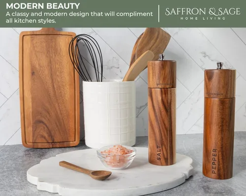 Miniatura 4 de Saffron & Sage Premium - Molinillo de sal y pimienta de madera de acacia de 2 a 8 pulgadas de alto con ajustes gruesos ajustables, resistente a