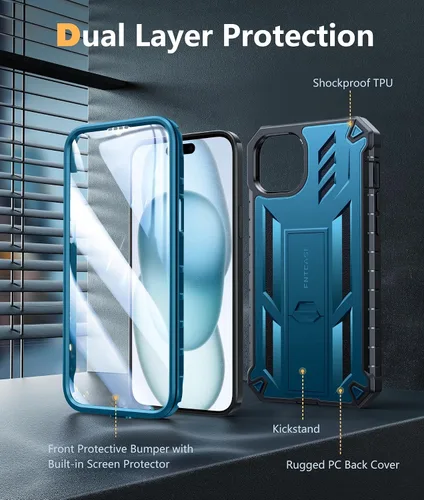 Miniatura 8 de FNTCASE Funda para iPhone 15 Plus: para iPhone 14 Plus, funda resistente de grado militar para teléfono celular con soporte, protección de TPU a