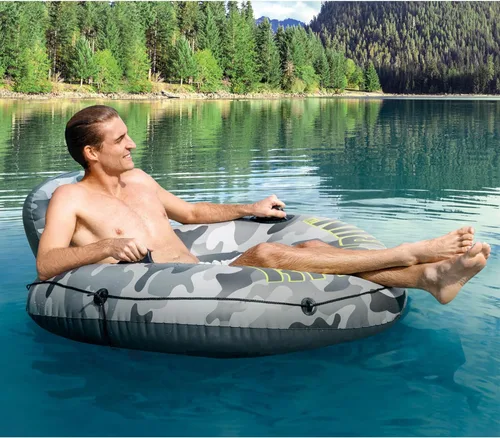 Miniatura 6 de Intex 56835EP River Run I - Balsa inflable remolcable de agua flotante con portavasos y asas para río, lago o piscinas, camuflaje gris (paquete de 4)