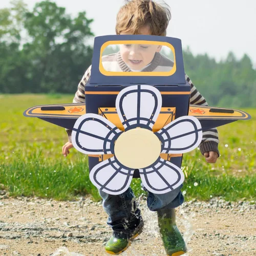 Miniatura 7 de Avión de cartón portátil para niños: disfraz de avión para niños, avión de papel DIY con ventilador giratorio, coche de cartón, divertido juego al