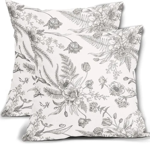 Sweetshow - Juego de 2 fundas de almohada decorativas con flores grises y blancas, de 45 x 45 cm, de algodón y lino, cuadradas, modernas, de color