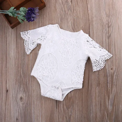 Miniatura 3 de Bebé Bebé Niña Blanca Hueco Ruffles Manga Encaje Mameluco Sunsuit Body