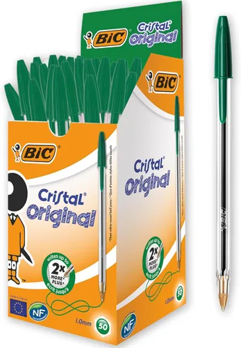 Bic Cristal - Bolígrafo de punta mediana sin manchas, punta de 1.0mm, color verde, ideal para oficina y escuela, paquete de 50 unidades