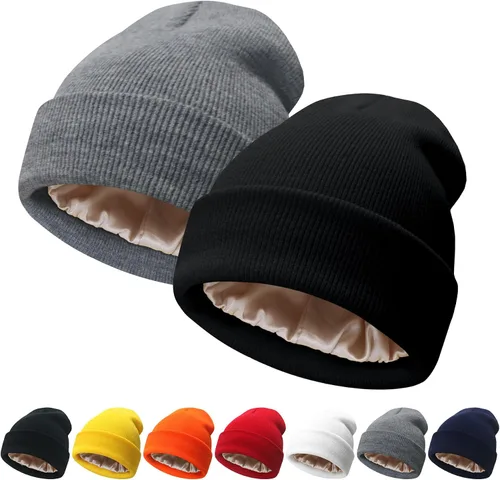 Miniatura 21 de NPQQUAN 2 PCS Satin Lined Beanie for Women Silk Lined Beanies Winter Warm Soft Lining Cuffed Knit Beanie Hats for Women