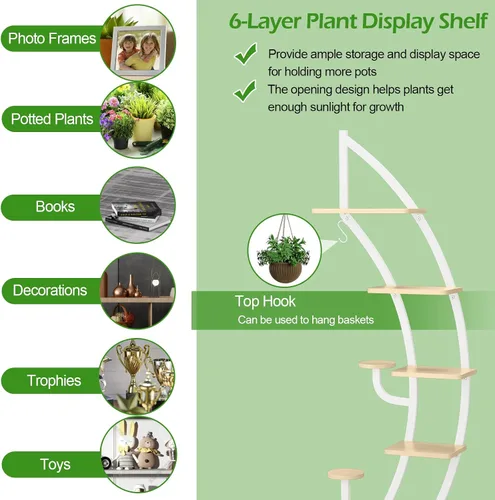 Miniatura 5 de Soporte de metal para plantas de 6 niveles, estante para plantas en forma de media luna para interiores con colgador y dispositivo antivuelco
