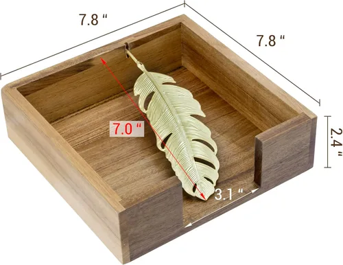 Miniatura 5 de MyGift Servilletero de mesa de madera de acacia de alta calidad, dispensador de servilletas cuadrado rústico con brazo decorativo de plumas de tono