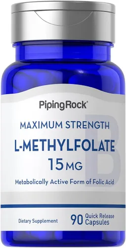 Piping Rock L Metilfolato 15 mg | 90 cápsulas | Potencia máxima | Suplemento activo de ácido fólico | Sin OMG, sin gluten
