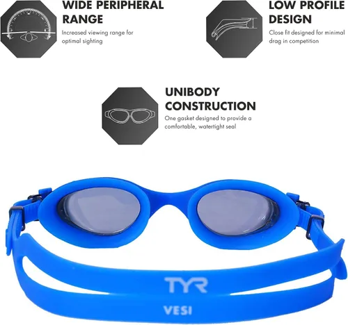 Miniatura 3 de TYR Vesi Adult Swim Goggles - Low Profile Training Goggles for Men & Women, Anti Fog, UV Protection, with Quick Adjust Strap