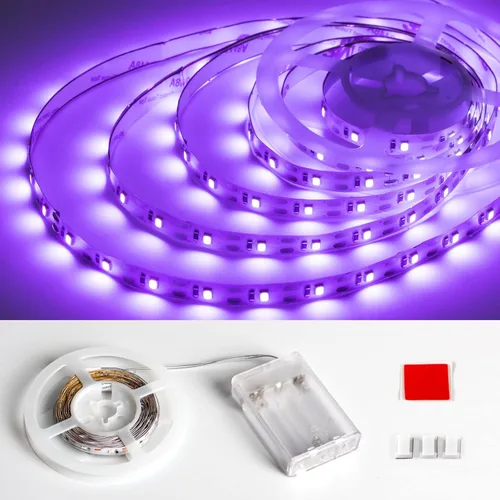 Tiras de luz LED negras de 6.6 pies, 120 tiras LED UV a pilas para fiesta brillante, Halloween, vidrio, póster, pintura, batería no incluida
