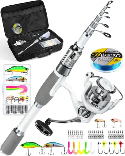Combo de Caña de Pescar y Carrete Ghosthorn. Caña de pescar telescópica de fibra de carbono con carrete. Bolsa de transporte portátil. Para agua