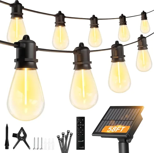 Miniatura 11 de Minetom Tira de luces solares de 34 pies para exteriores con control remoto, luces de patio con 10 bombillas LED inastillables y ganchos, enchufe