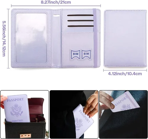Miniatura 2 de Soporte para pasaporte y tarjetero de vacuna, cartera para pasaporte, funda para pasaporte con bloqueo RFID, Púrpura, Compacto