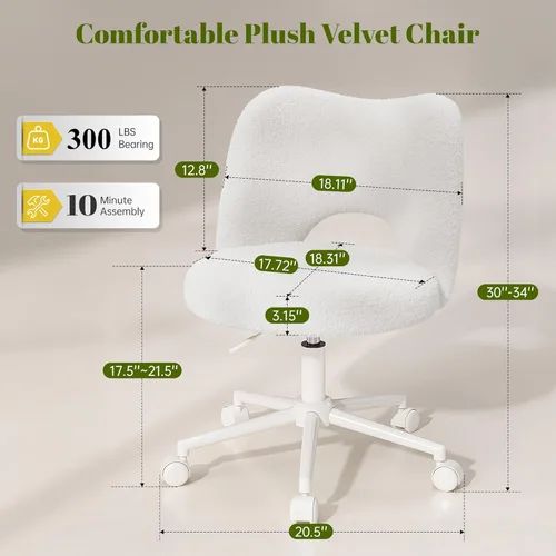 Miniatura 2 de DurayLoly Silla de Tocador con Ruedas Sin Brazos, Silla de Tocador Blanca con Respaldo, Silla de Escritorio Ultra-Suave de Felpa Linda, Silla