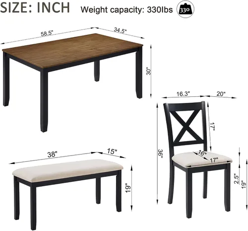 Miniatura 2 de Bellemave Juego de mesa de comedor de 6 piezas para 6 mesas de cocina rectangulares con 4 sillas de comedor y banco, juego de comedor para 6