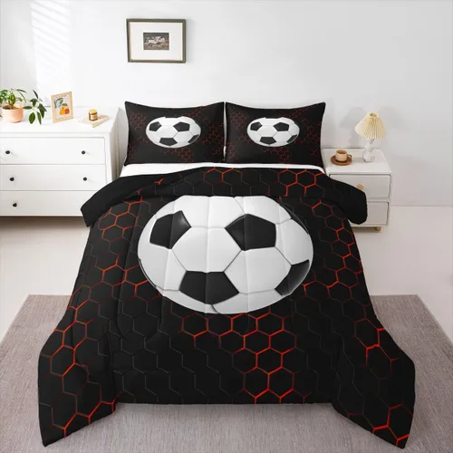 Juego de edredón de panal negro y rojo para adolescentes, jóvenes y adultos, juego de ropa de cama de fútbol y fútbol, juegos de edredón hexagonales