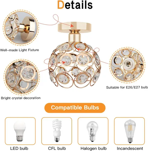 Miniatura 6 de Lámpara de techo de mini araña dorada, lámpara de techo de cristal, luces de pasillo de montaje semiempotrado, pequeñas cubiertas de lámpara
