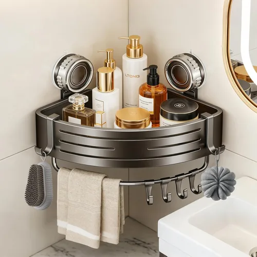 Organizador de ducha de esquina, estante de pared de baño con ventosa, organizador de aluminio sin taladrar con ganchos, estante flotante para el