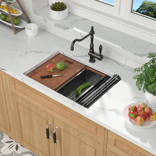 Miniatura 3 de Mocoloo - Fregadero de cocina negro con estación de trabajo de 27 x 19 pulgadas, fregadero de cocina con estación de trabajo empotrada, color negro